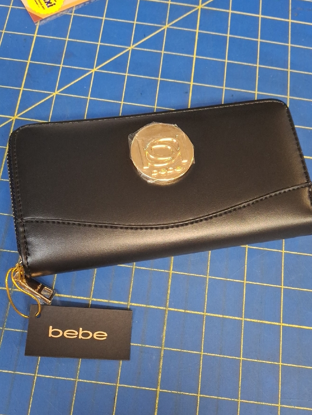 bebe Black Zip-Around Wallet Gold Accent 8x4x1  NWT